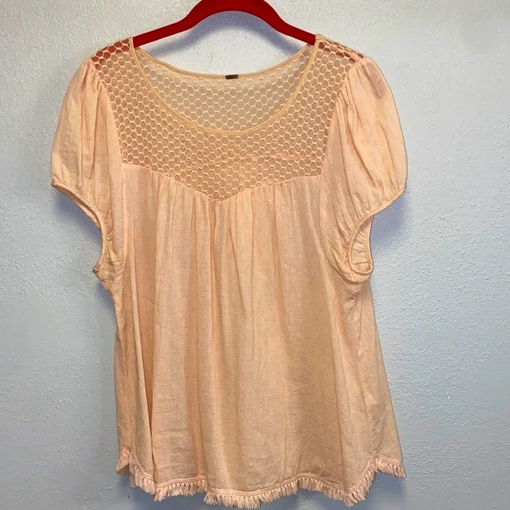 Free People Peach BoHo Fringed Hem Honeycomb Yoke Top 4367